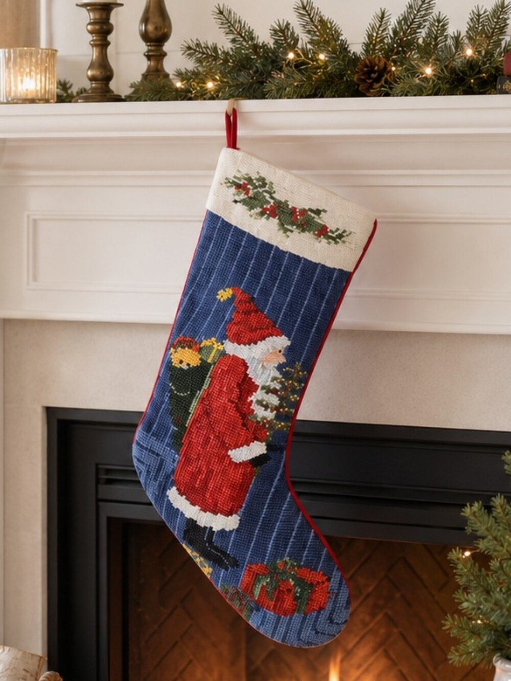 Vintage Needlepoint Stocking Santa Claus with Christmas Tree & Toys Velvet Back